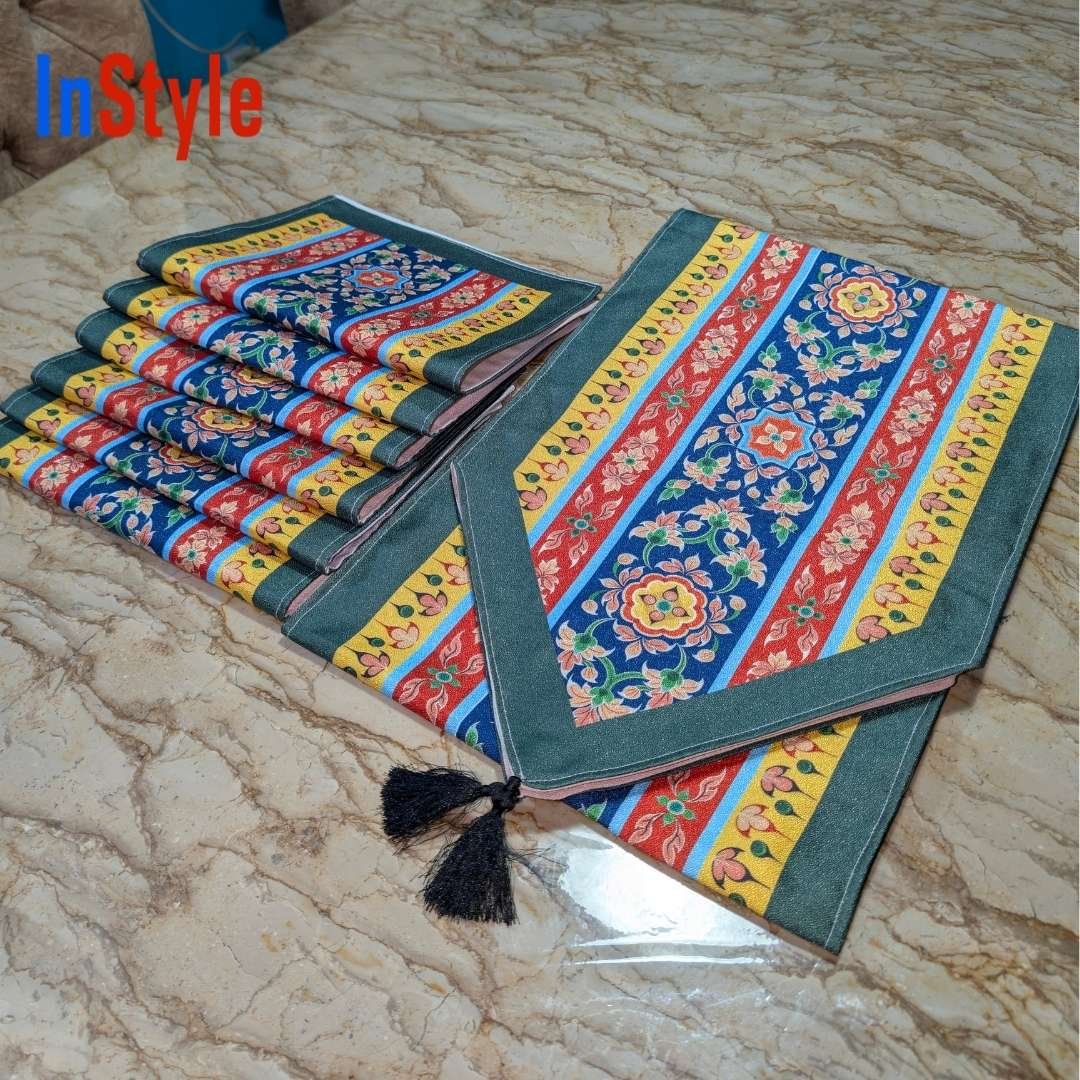Royal Tapestry Multicolor Striped Floral Boho 7‑Piece Vintage Table Runner & Placemat Set