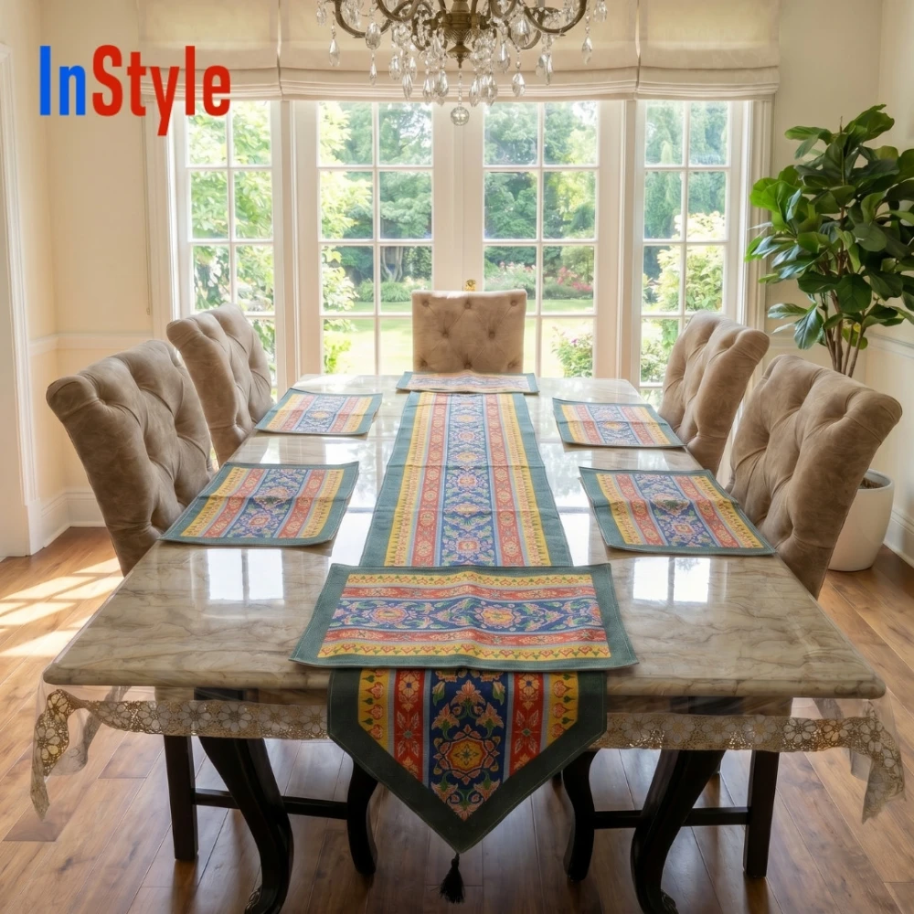 Royal Tapestry Multicolor Striped Floral Boho 7‑Piece Vintage Table Runner & Placemat Set