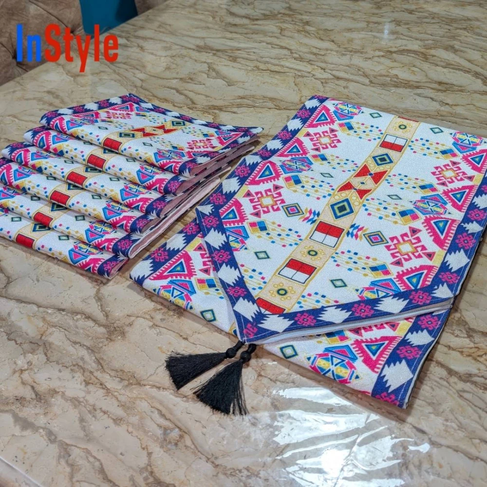 Aztec Bloom Multicolor Geometric Tribal Premium 7‑Piece Table Runner & Placemat Dining Set