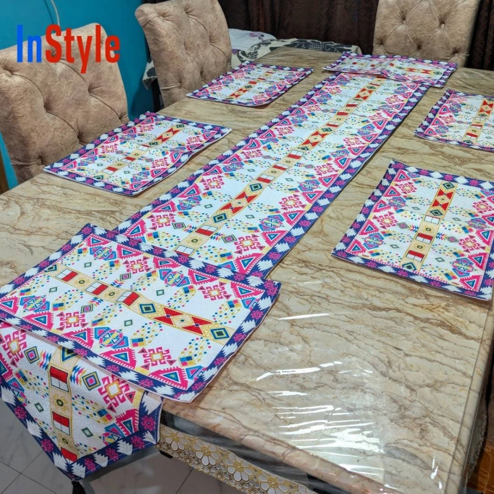 Aztec Bloom Multicolor Geometric Tribal Premium 7‑Piece Table Runner & Placemat Dining Set