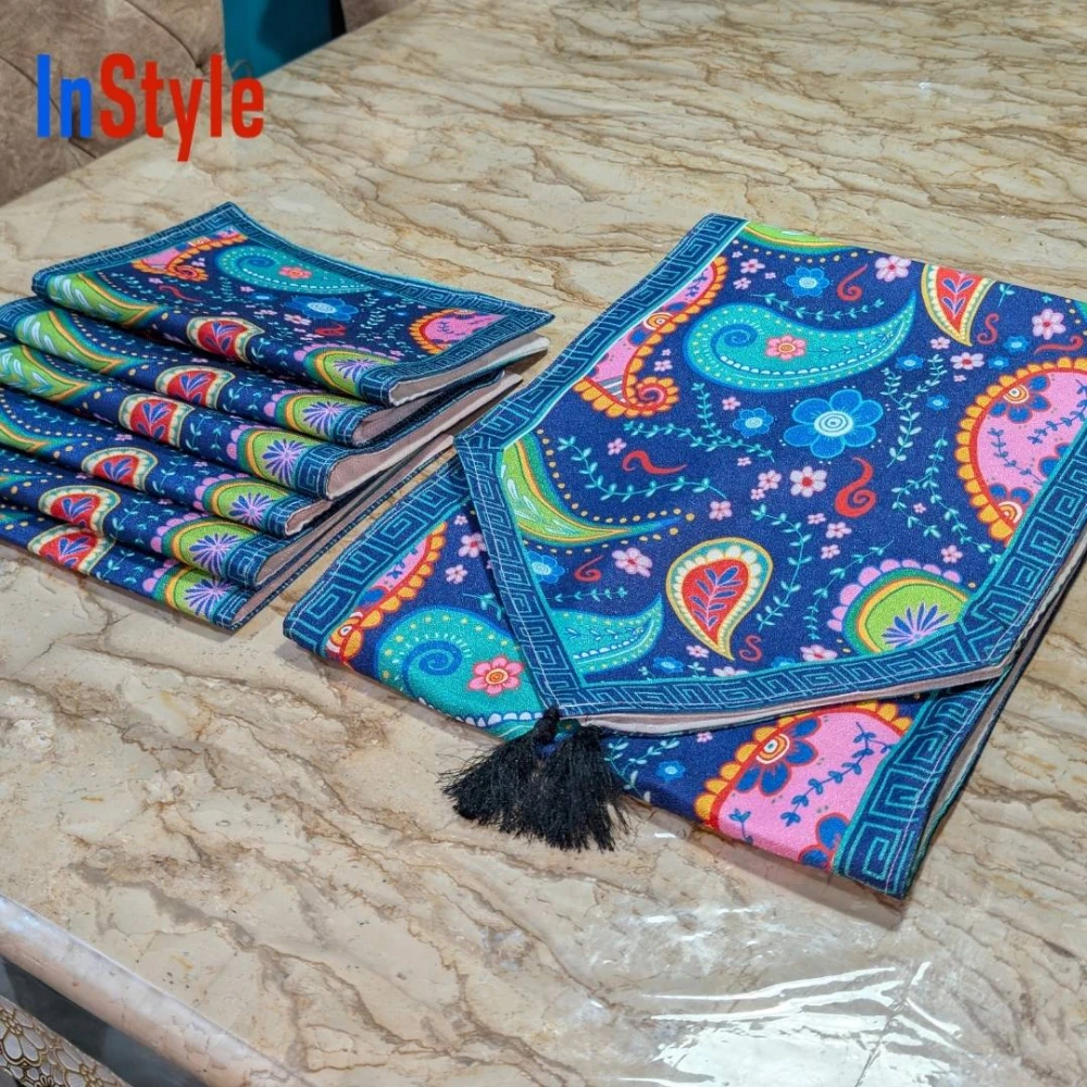 Midnight Peacock Paisley Multicolor Bohemian Premium 7‑Piece Table Runner & Placemat Dining Set