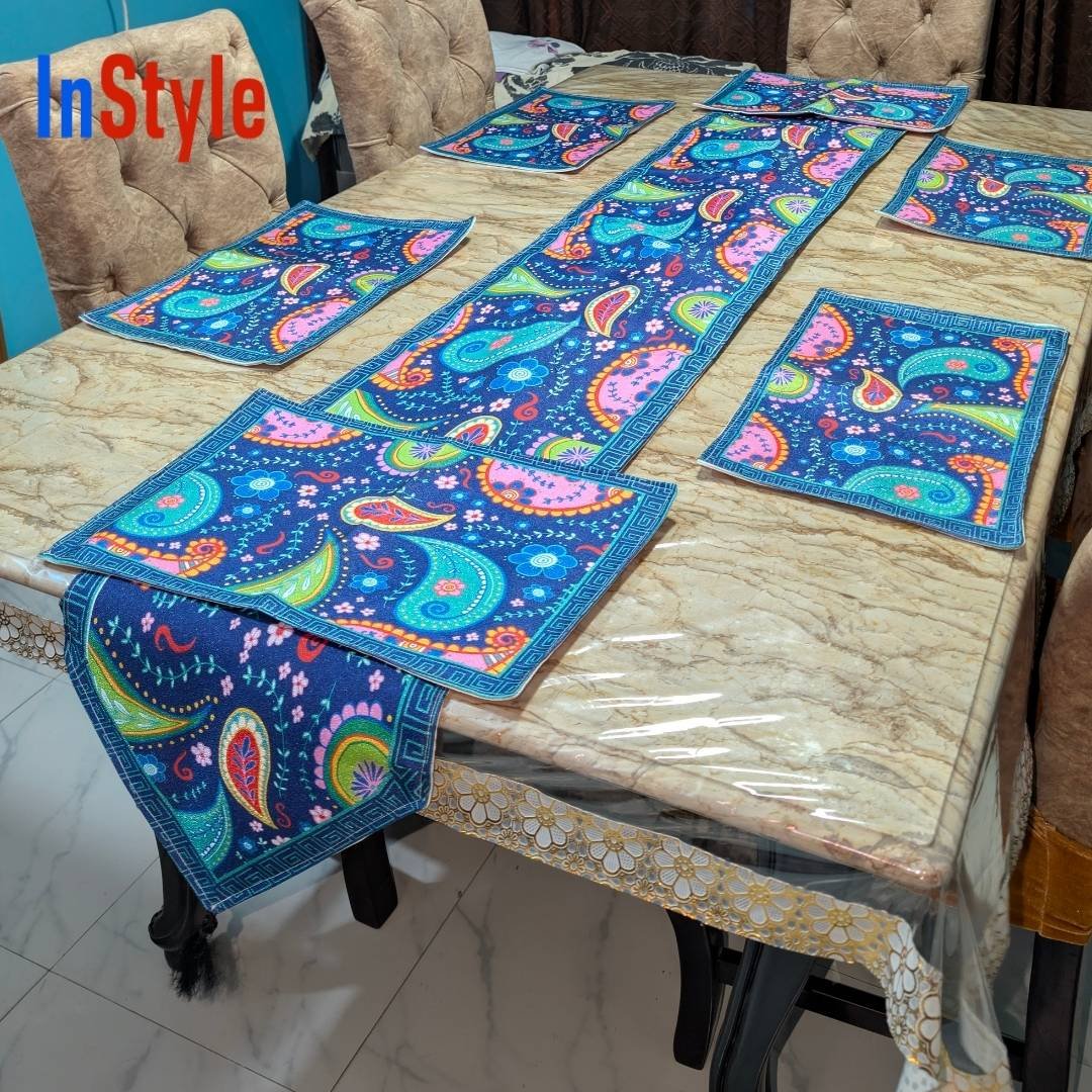 Midnight Peacock Paisley Multicolor Bohemian Premium 7‑Piece Table Runner & Placemat Dining Set