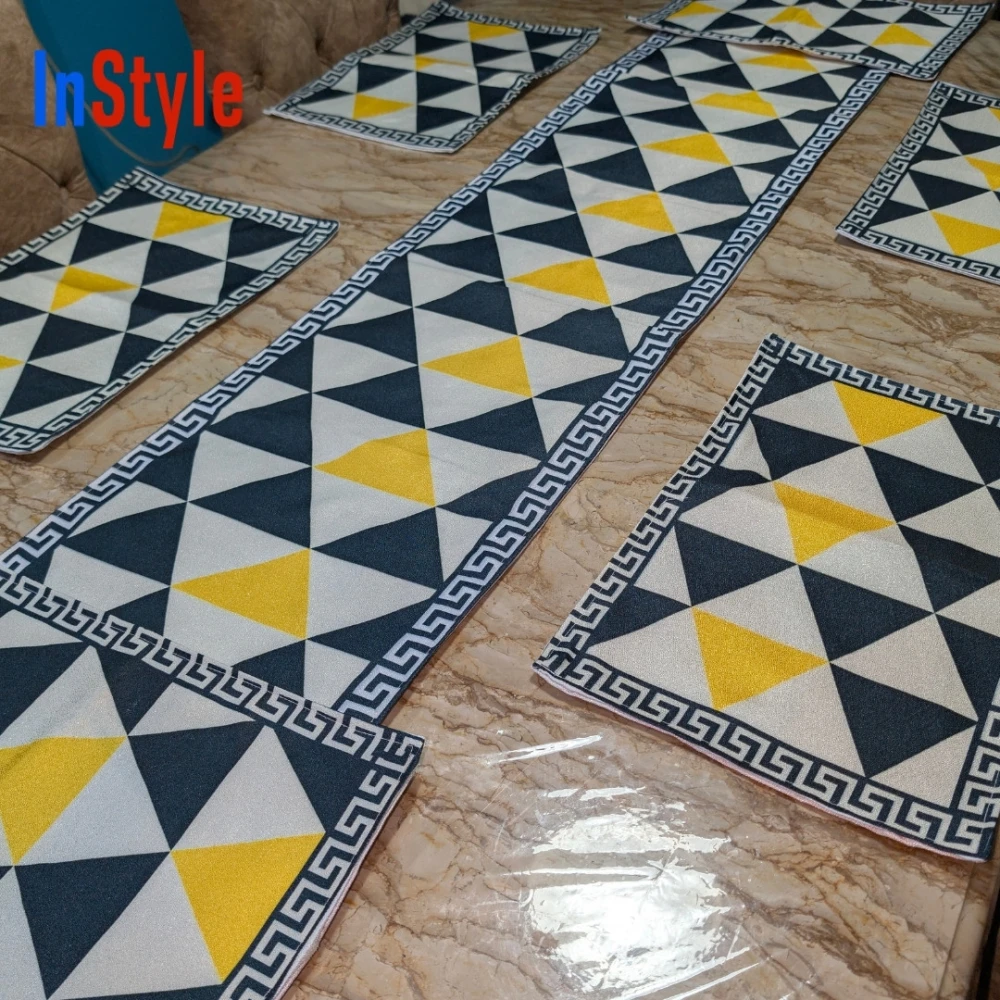Golden Prism Black-Yellow Geometric 7-Piece Elegant Table Runner & Placemat Set