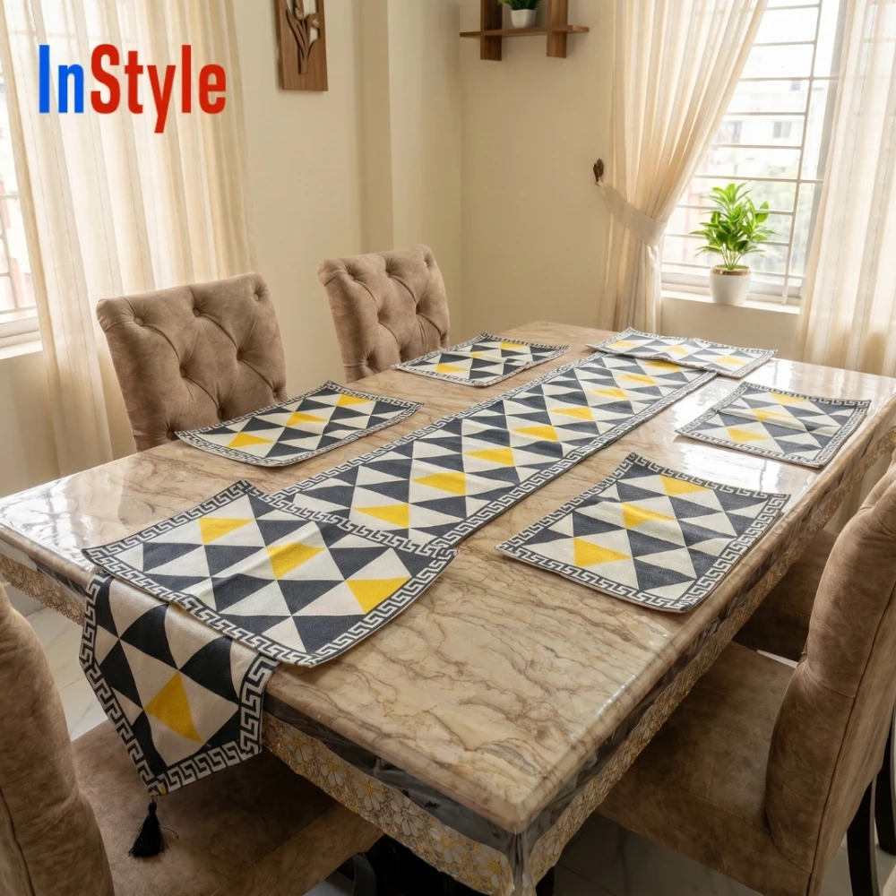 Golden Prism Black-Yellow Geometric 7-Piece Elegant Table Runner & Placemat Set