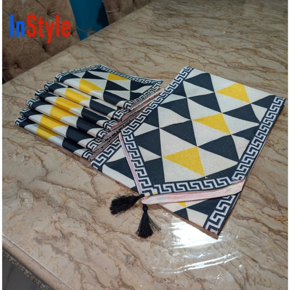 Golden Prism Black-Yellow Geometric 7-Piece Elegant Table Runner & Placemat Set