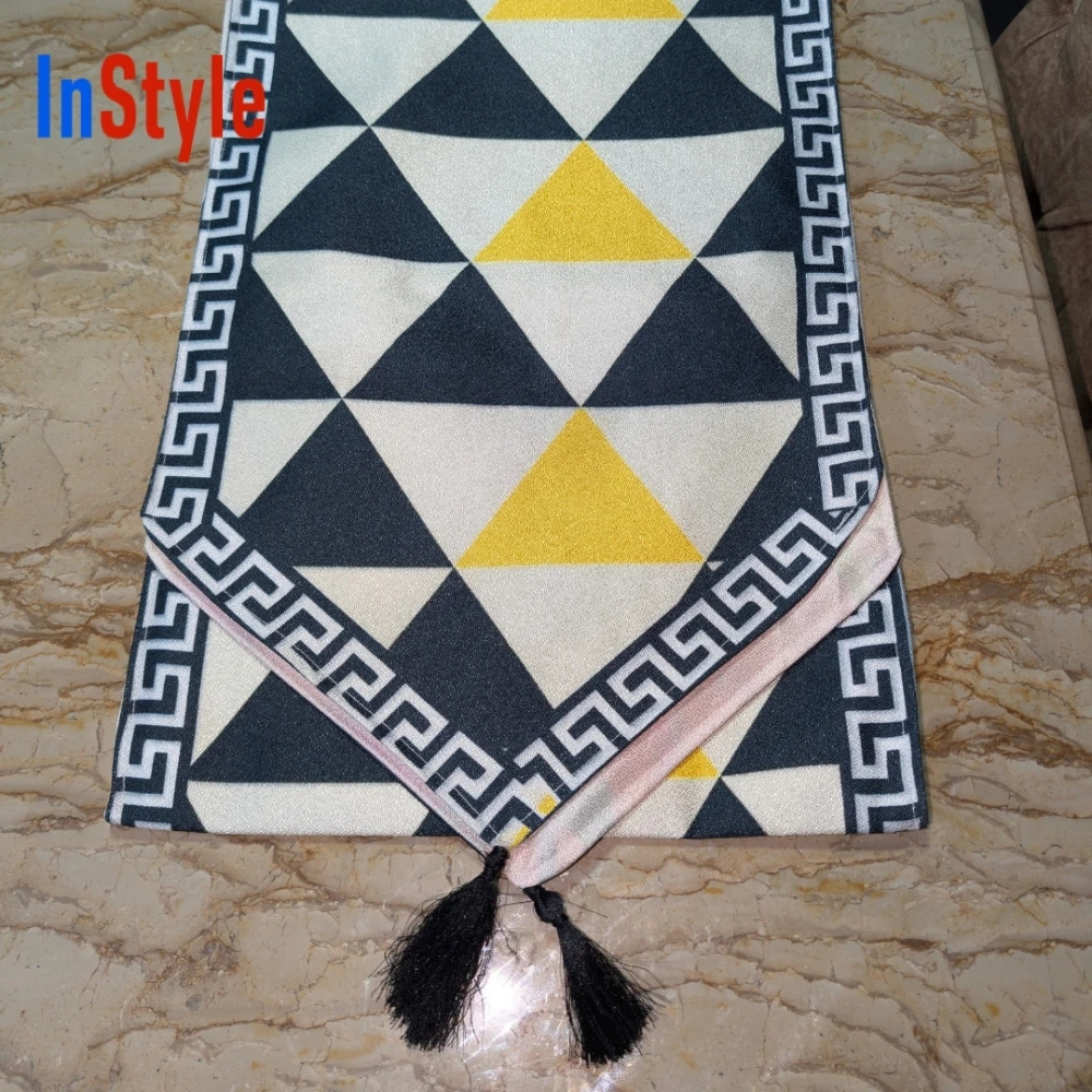 Golden Prism Black-Yellow Geometric 7-Piece Elegant Table Runner & Placemat Set