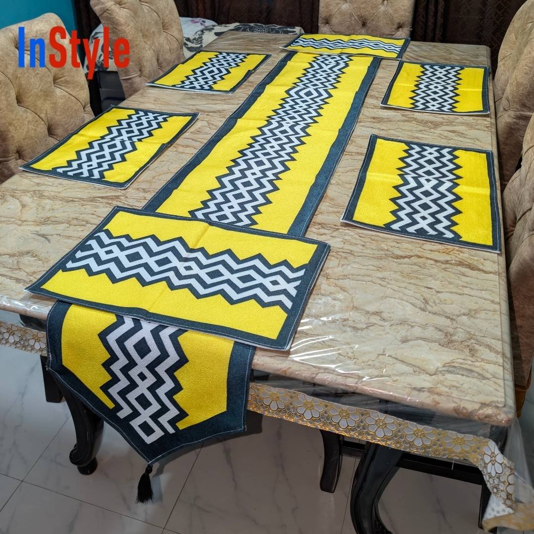 Sunshine Yellow & Grey Chevron Zigzag Modern 7‑Piece Contemporary Table Runner & Mat Set