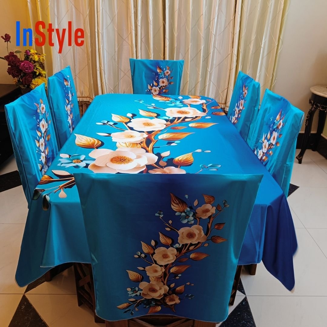 Azure Blue Floral 6 Seater Dining Table Cover Set – Premium Satin Finish