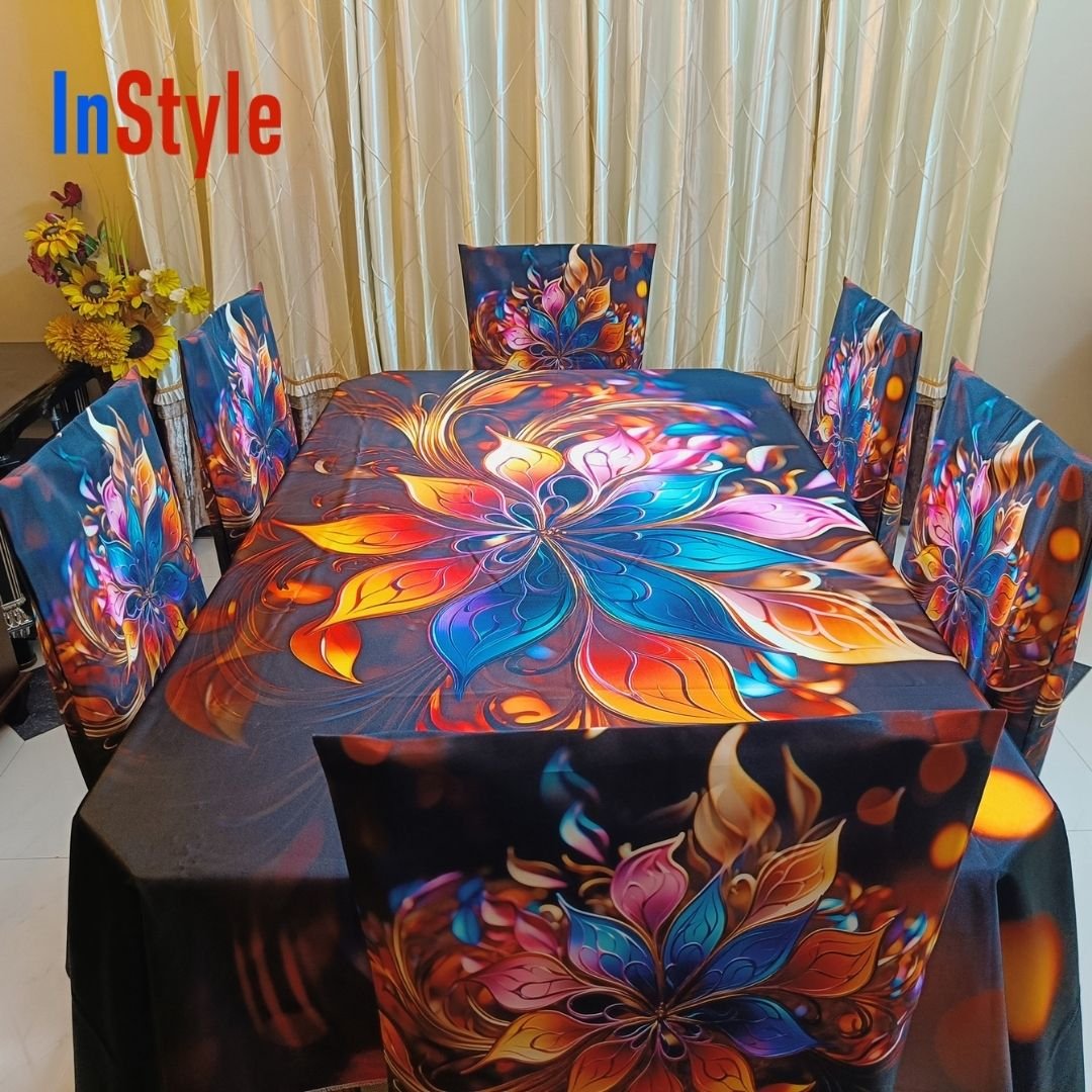 Royal Multicolor Floral 6 Seater Dining Table Cover Set – Poly Silky Satin