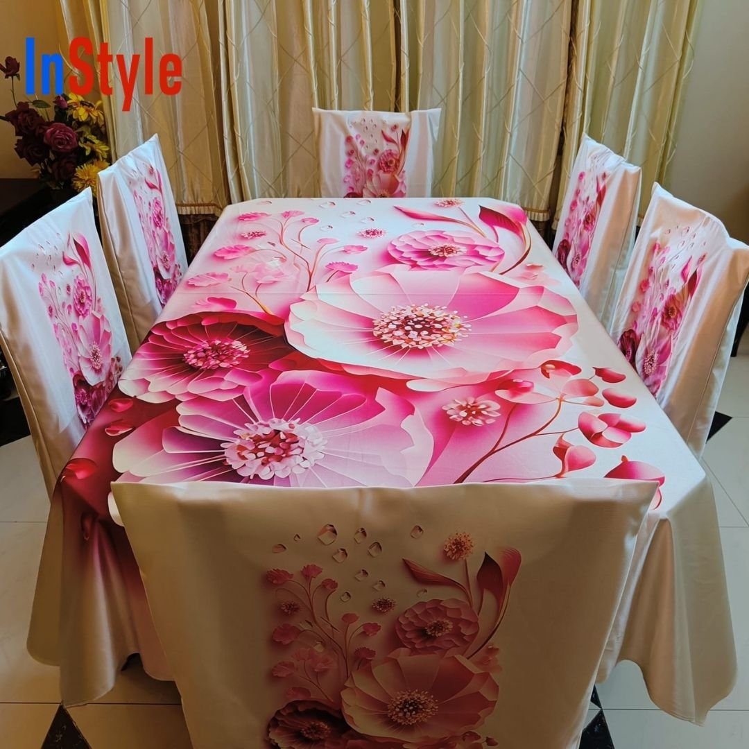 Blossom Pink Floral 6 Seater Dining Table Cover Set – Premium Poly Silky Satin
