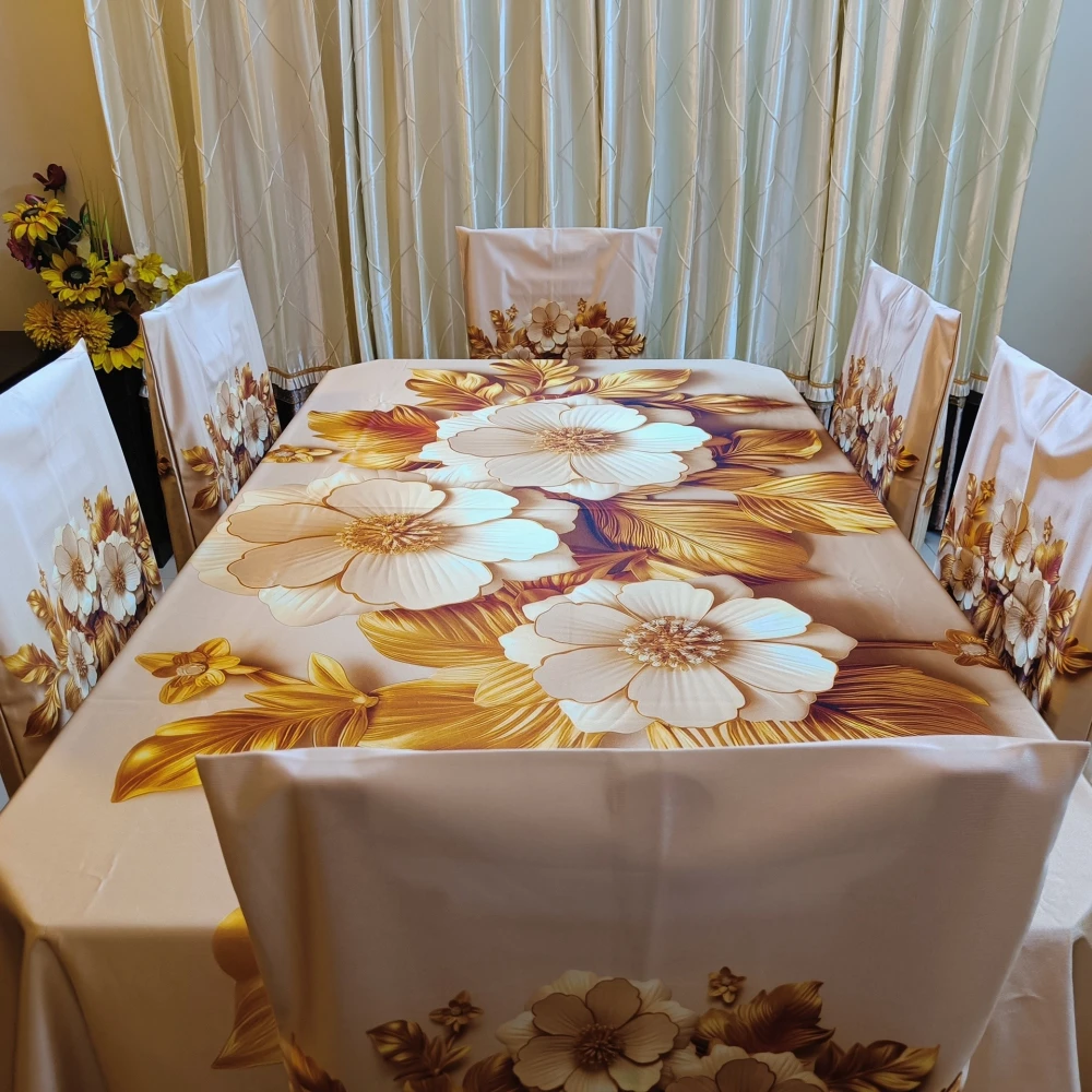 Golden Blossom 6 Seater Dining Table Cover Set – Luxury Poly Silky Satin