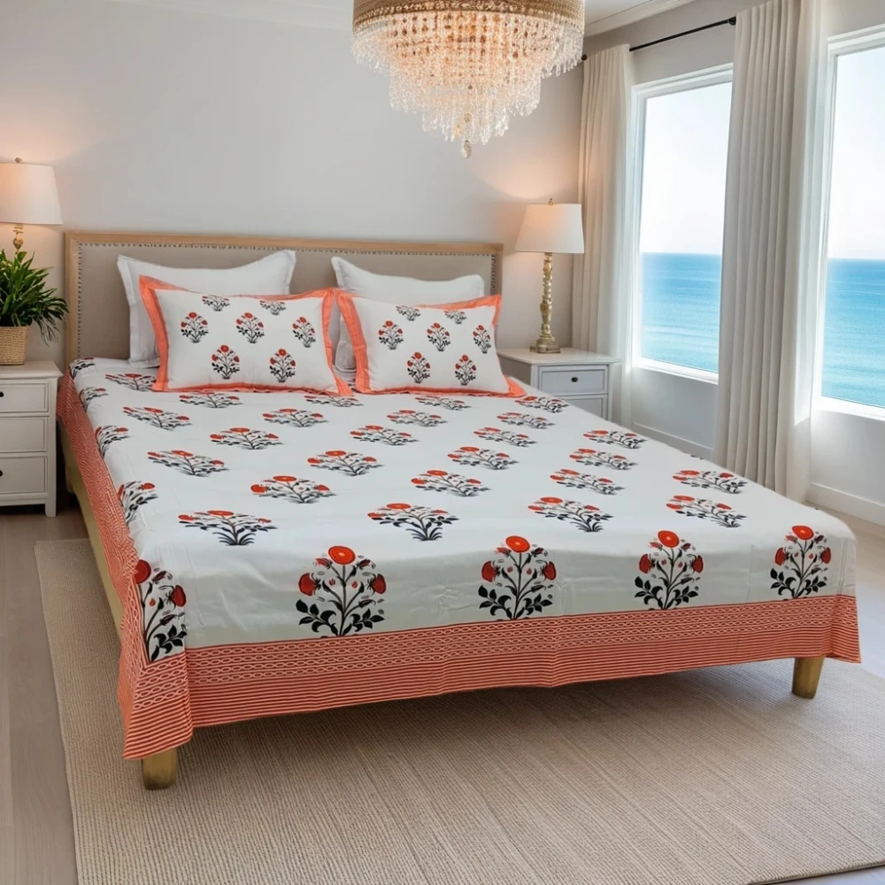 White & Orange Floral Digital Print Premium Cotton Bedsheet Set