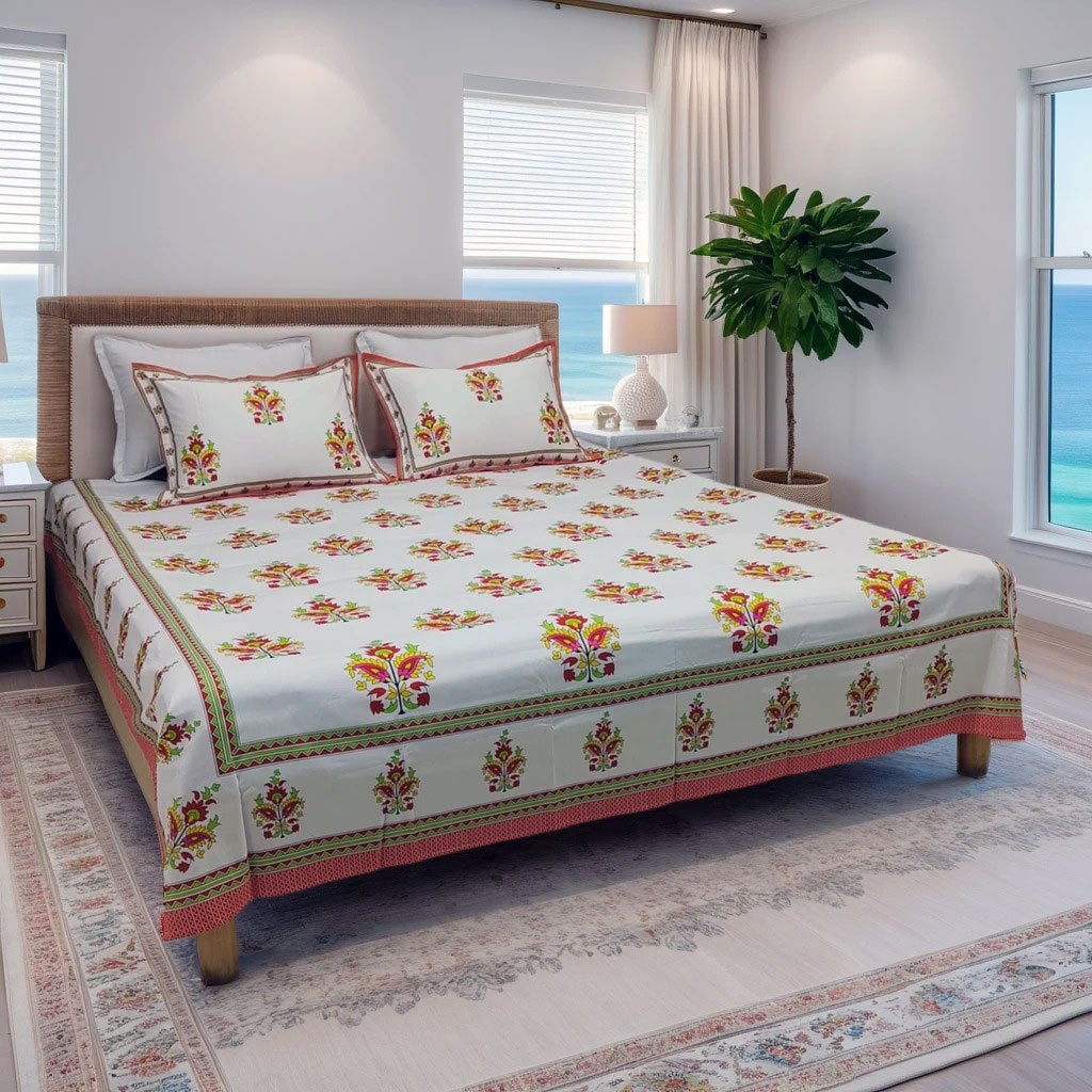 White Multi-Color Floral Digital Print Premium Cotton Bedsheet Set