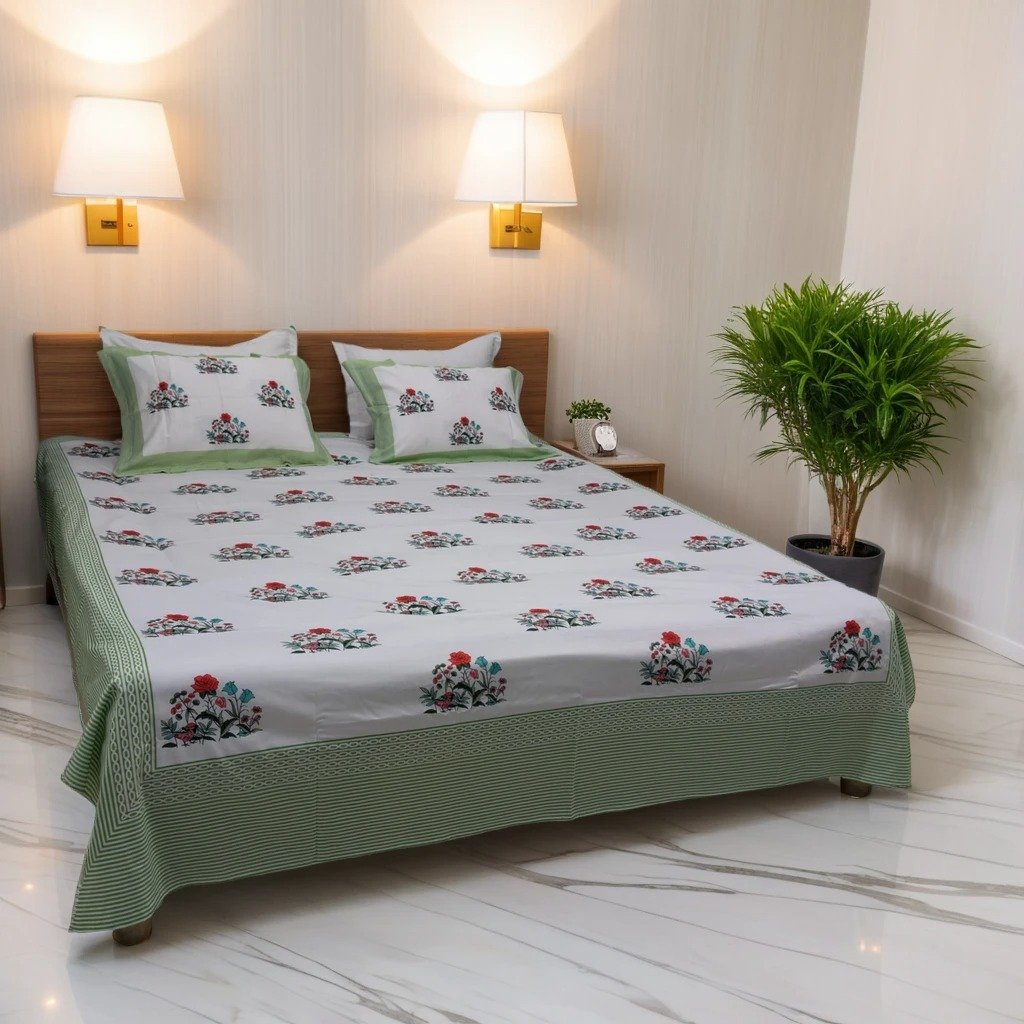 White & Green Floral Digital Print Premium Cotton Bedsheet Set