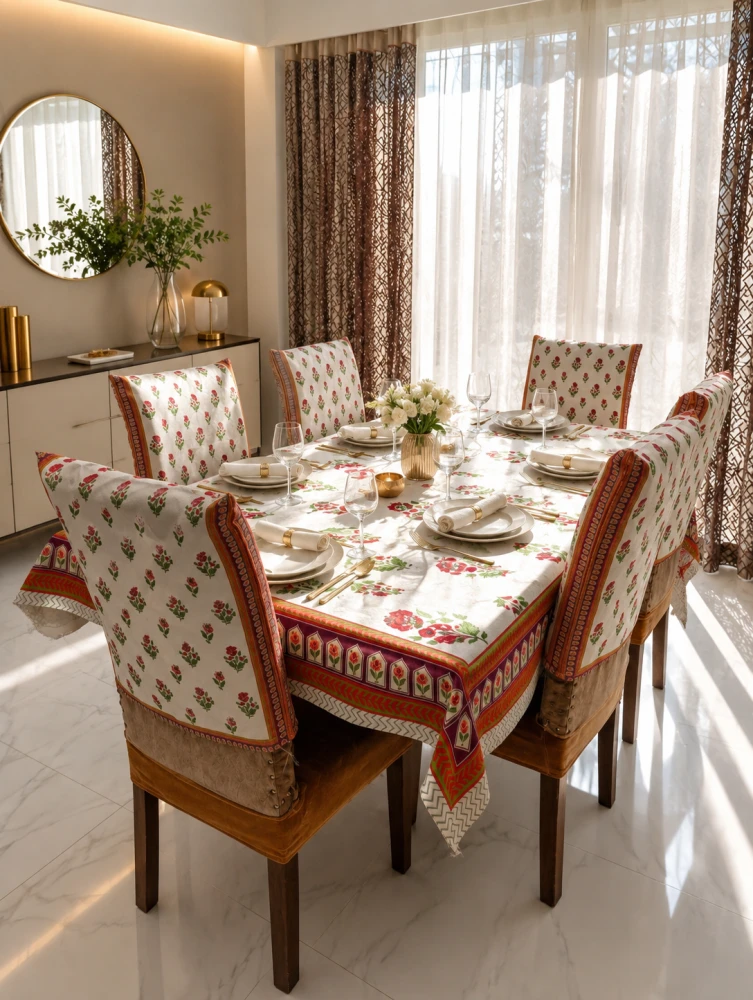 Royal Scarlet Bloom 6 Seater Dining Table Cover Set