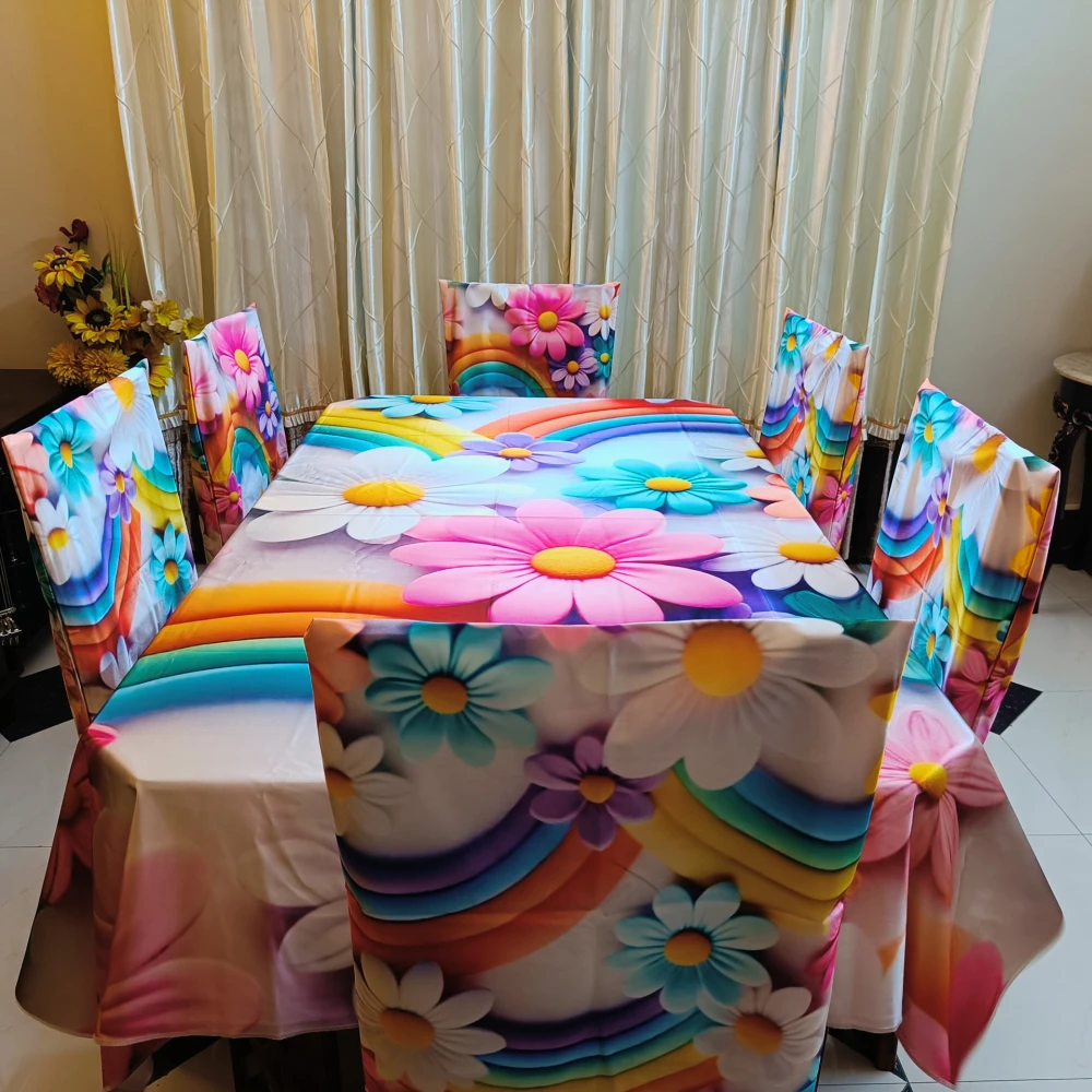 Rainbow Daisy 6 Seater Dining Table Cover Set – Luxury Washable Satin Fabric