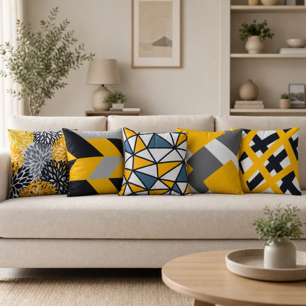 odern Yellow Grey Geometric Digital Print Cushion Cover Set – 18x18 Inch