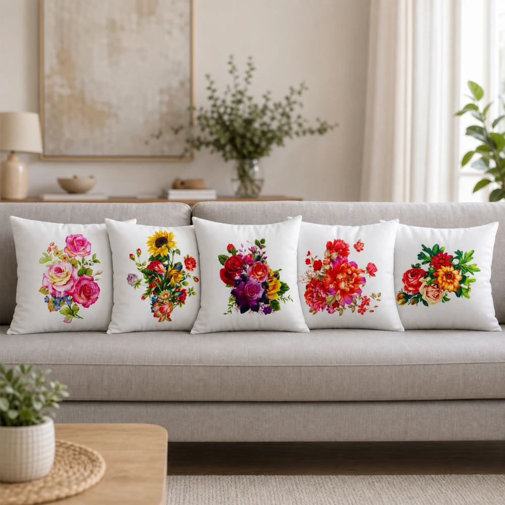 Vibrant Colorful Floral Digital Print Cushion Cover Set – 18x18 Inch