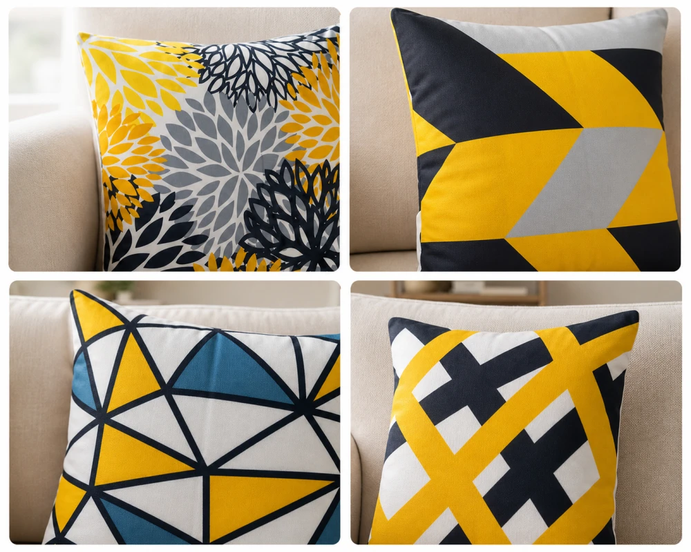 odern Yellow Grey Geometric Digital Print Cushion Cover Set – 18x18 Inch