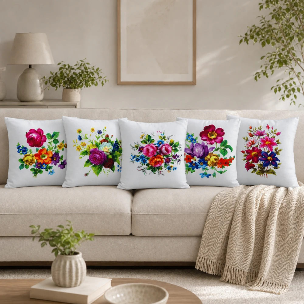 Elegant Floral Design Digital Print Cushion Cover Set – 18x18 Inch