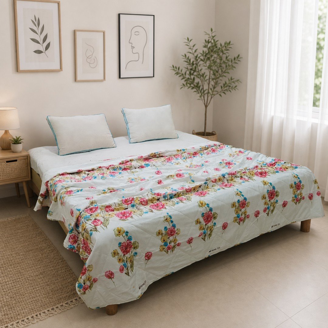 Ivory Blossom Bouquet Premium AC Quilt — Fresh Elegance for Your Dream Bedroom