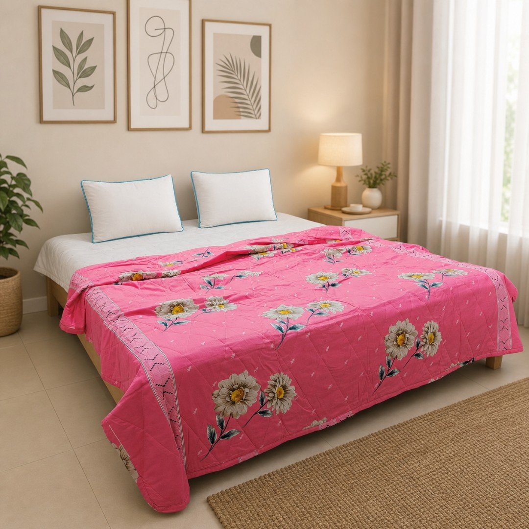 Pink Daisy Charm Premium AC Quilt — Blossom Your Bedroom with Sweet Elegance