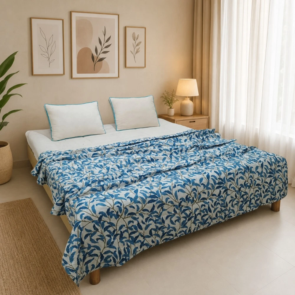 Sapphire Vine Leaf Premium AC Quilt — Nature-Inspired Comfort for Peaceful Nights