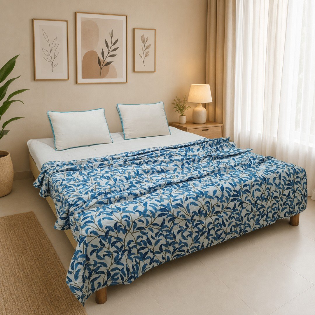 Sapphire Vine Leaf Premium AC Quilt — Nature-Inspired Comfort for Peaceful Nights