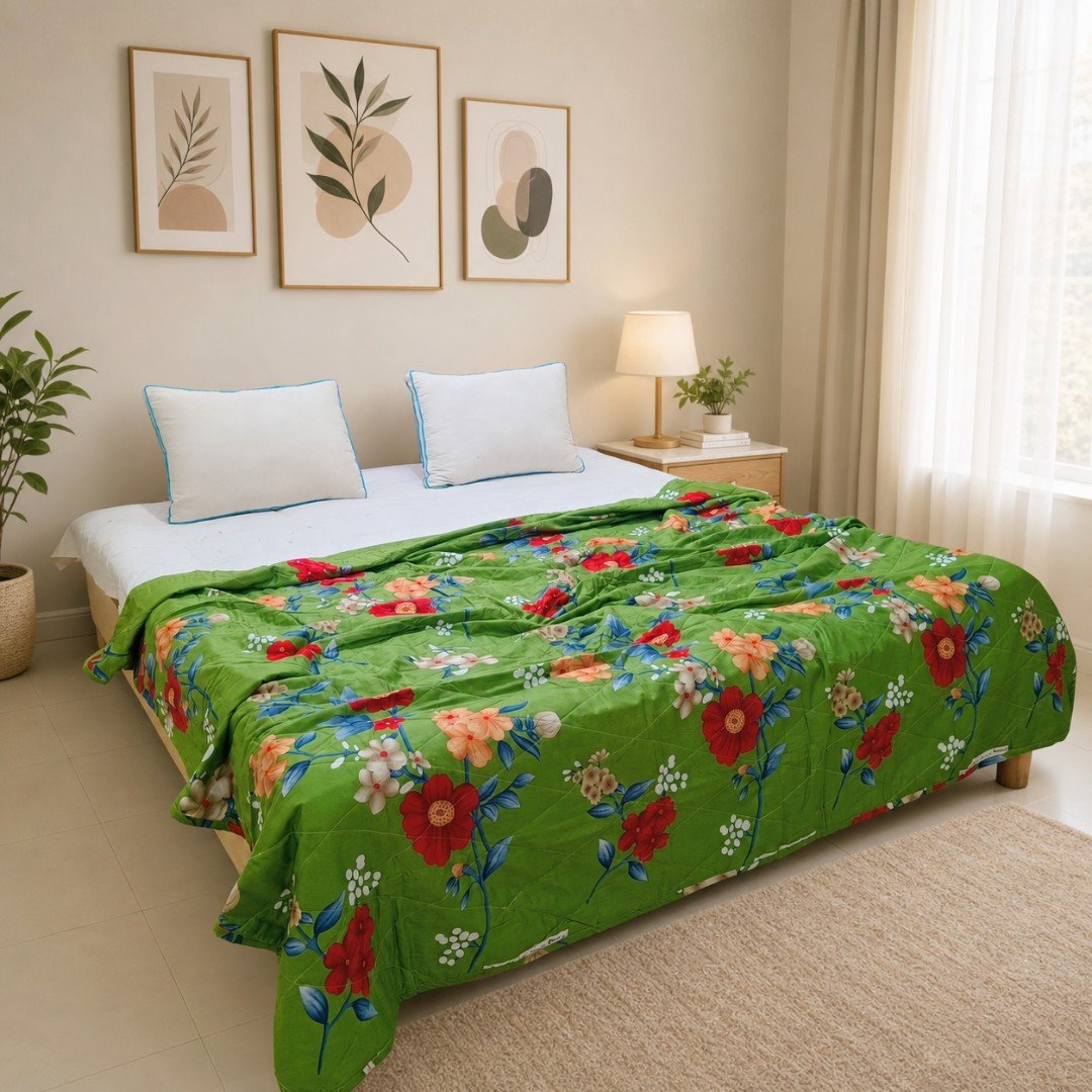 Emerald Wildflower Fiesta Premium AC Quilt — Vibrant Nature Wrapped in Softness