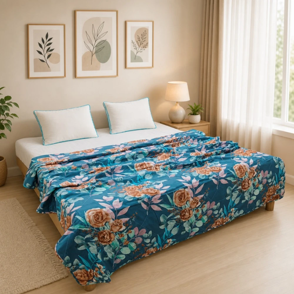 Teal Vintage Rose Premium AC Quilt — Timeless Beauty Meets Modern Comfort