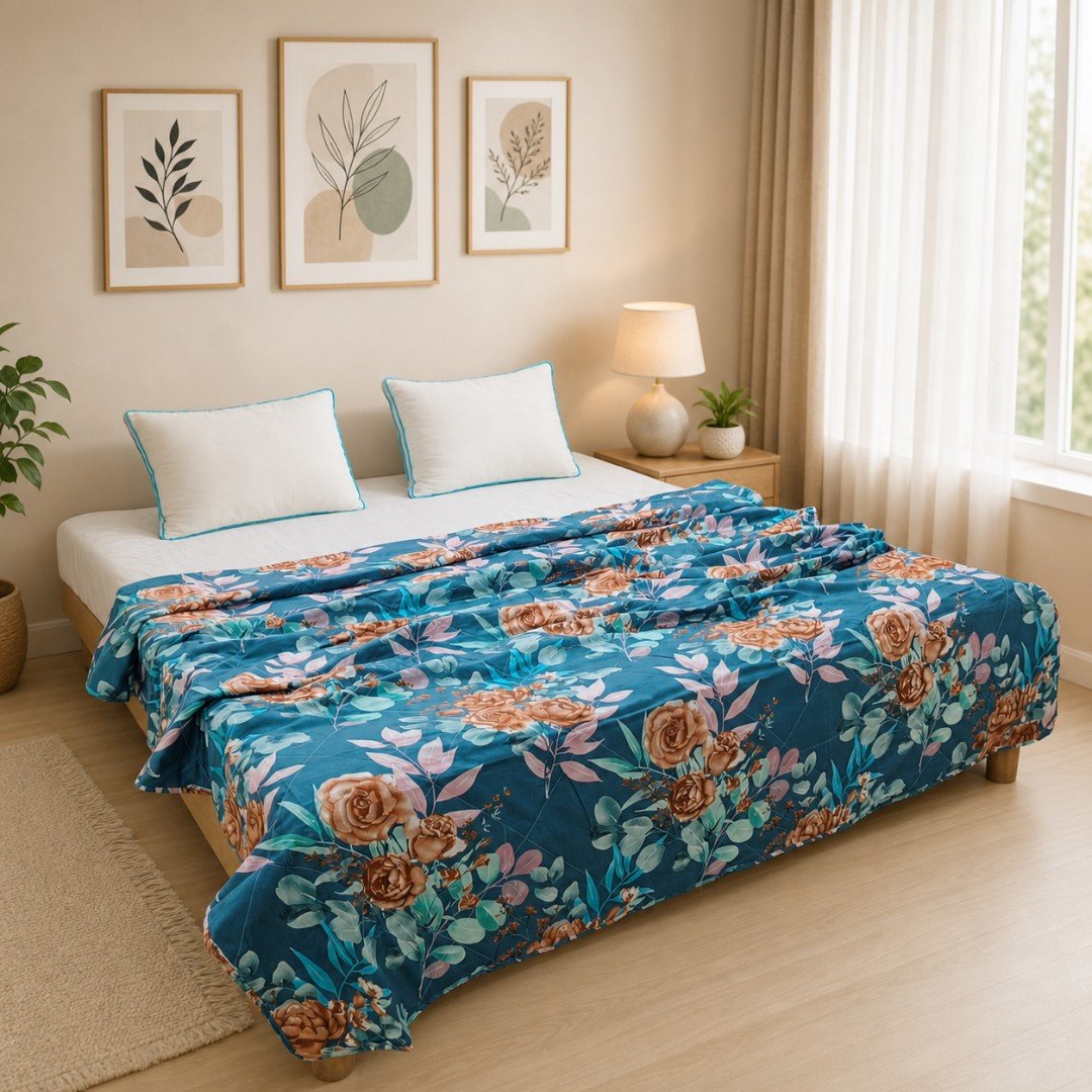 Teal Vintage Rose Premium AC Quilt — Timeless Beauty Meets Modern Comfort