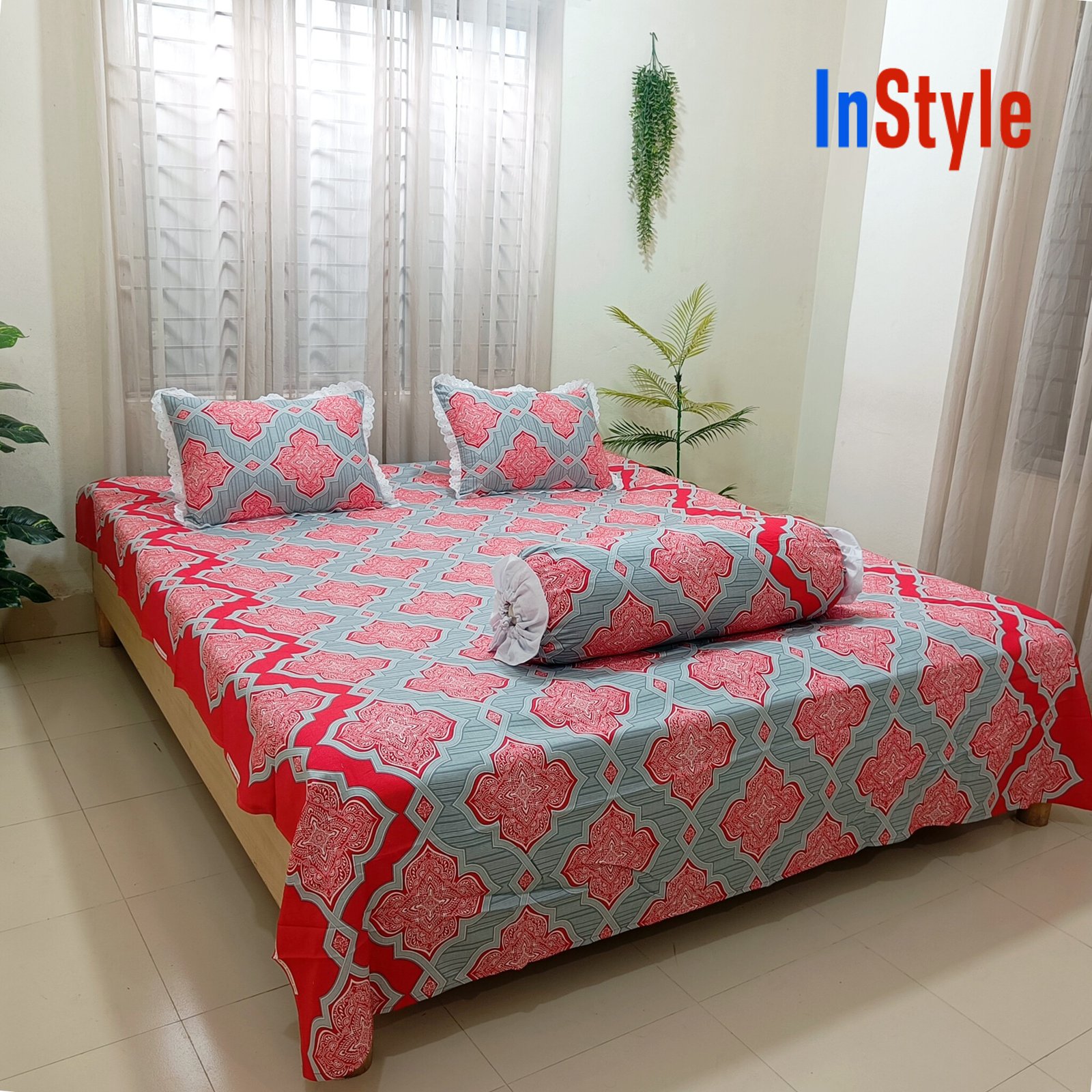 Royal Coral Medallion Cotton Bedsheet with Lace Pillow Covers