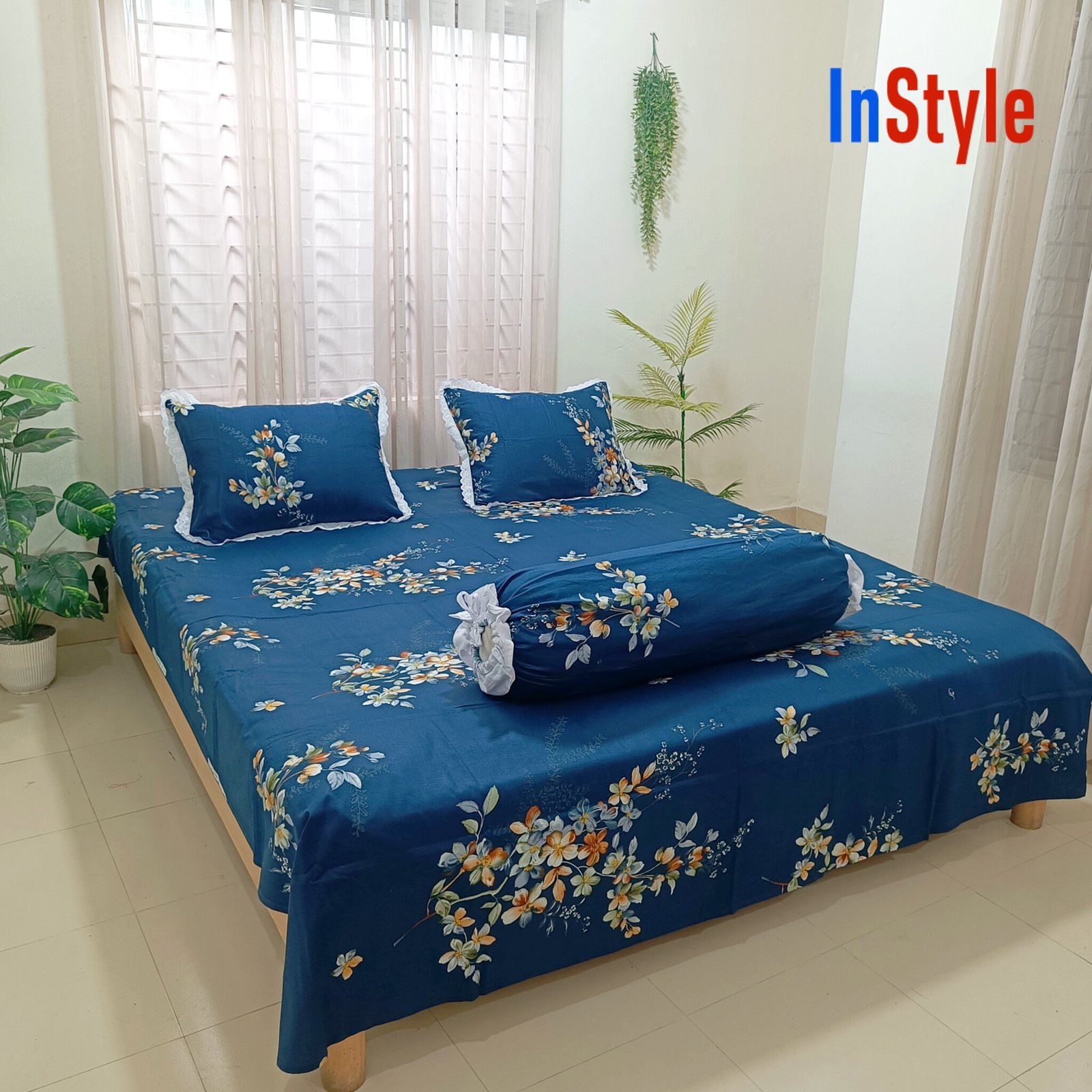 Midnight Blossom Cotton Bedsheet with Lace Pillow Covers