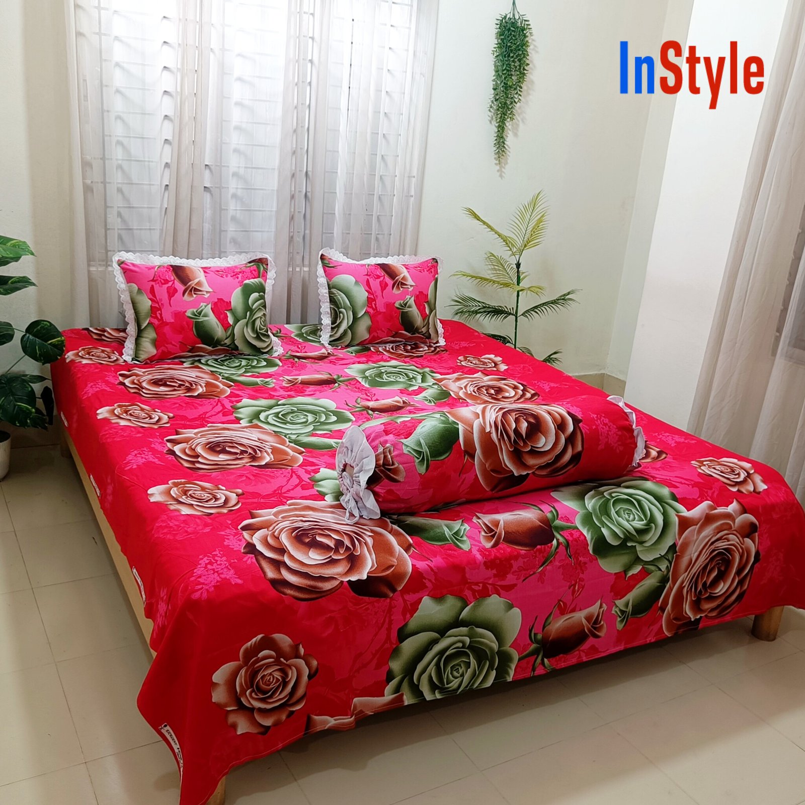 Rose Days Lace Collection Cotton Bedsheet with Lace Pillow Covers