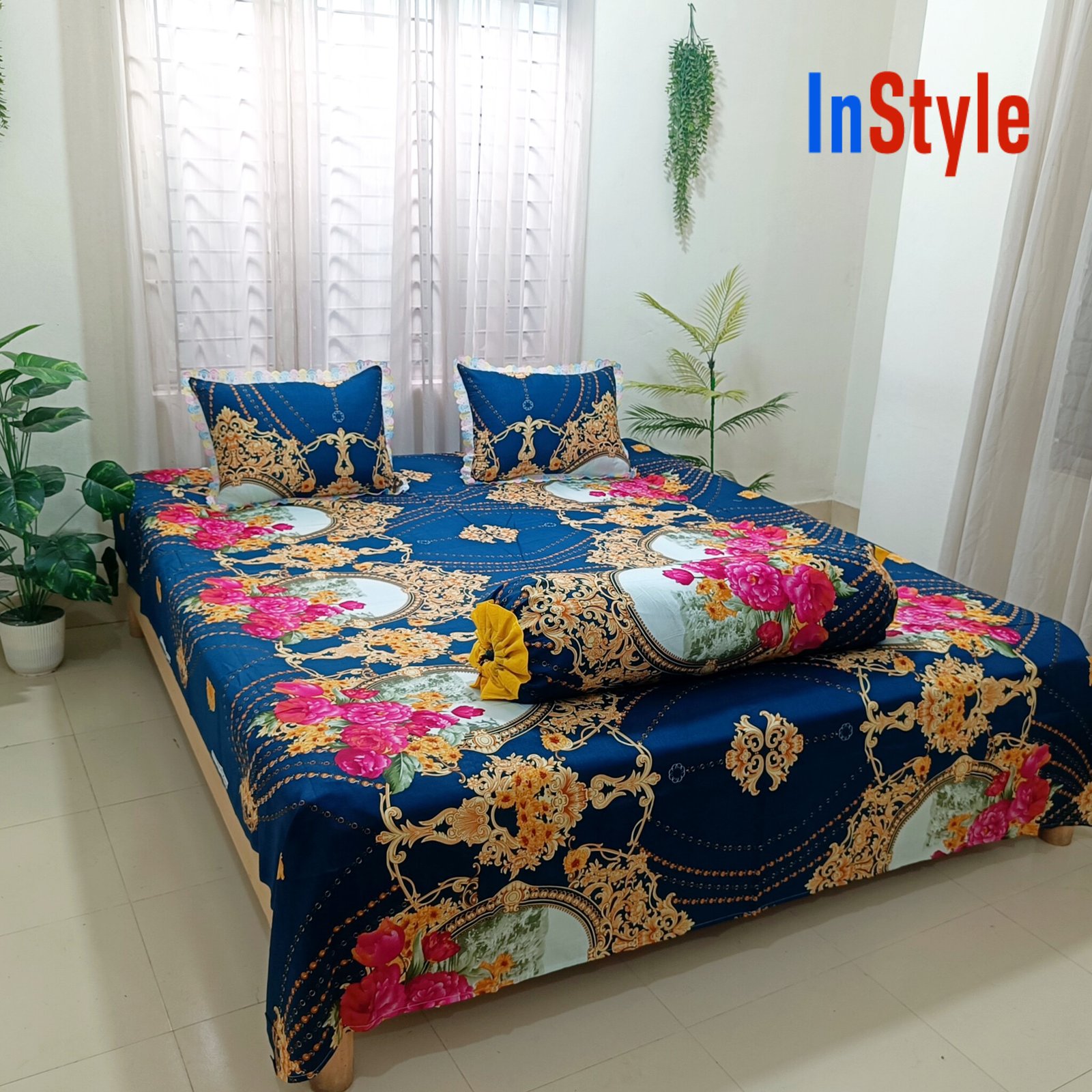 Royal Blue Victorian Glory Cotton Bedsheet with Lace Pillow Covers
