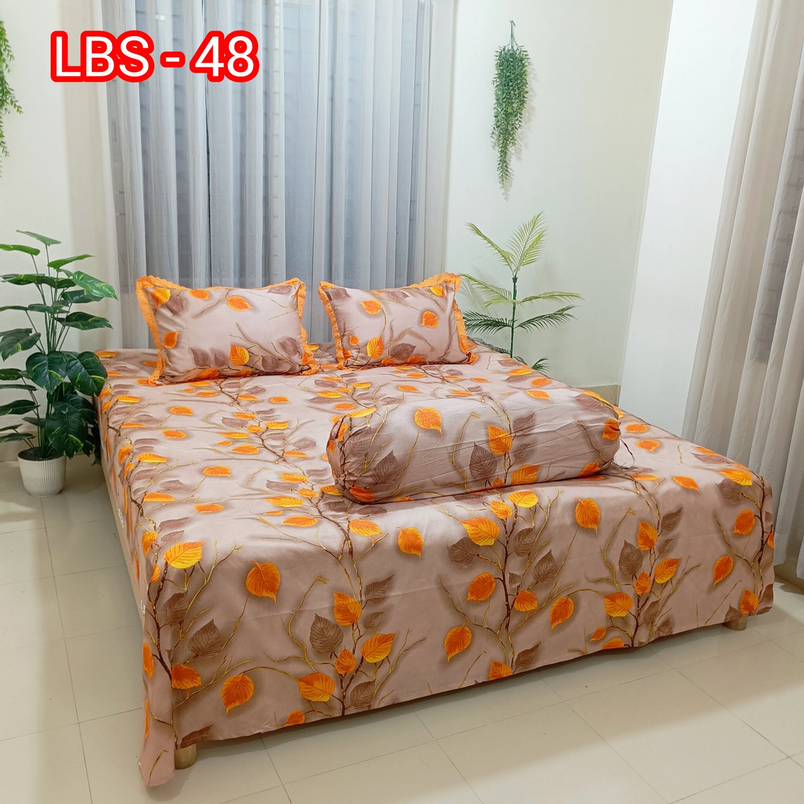 Soft Beige & Trailing Orange Vine Leaf Printting Lace Pillow Covers-Golden Leaf Reverie