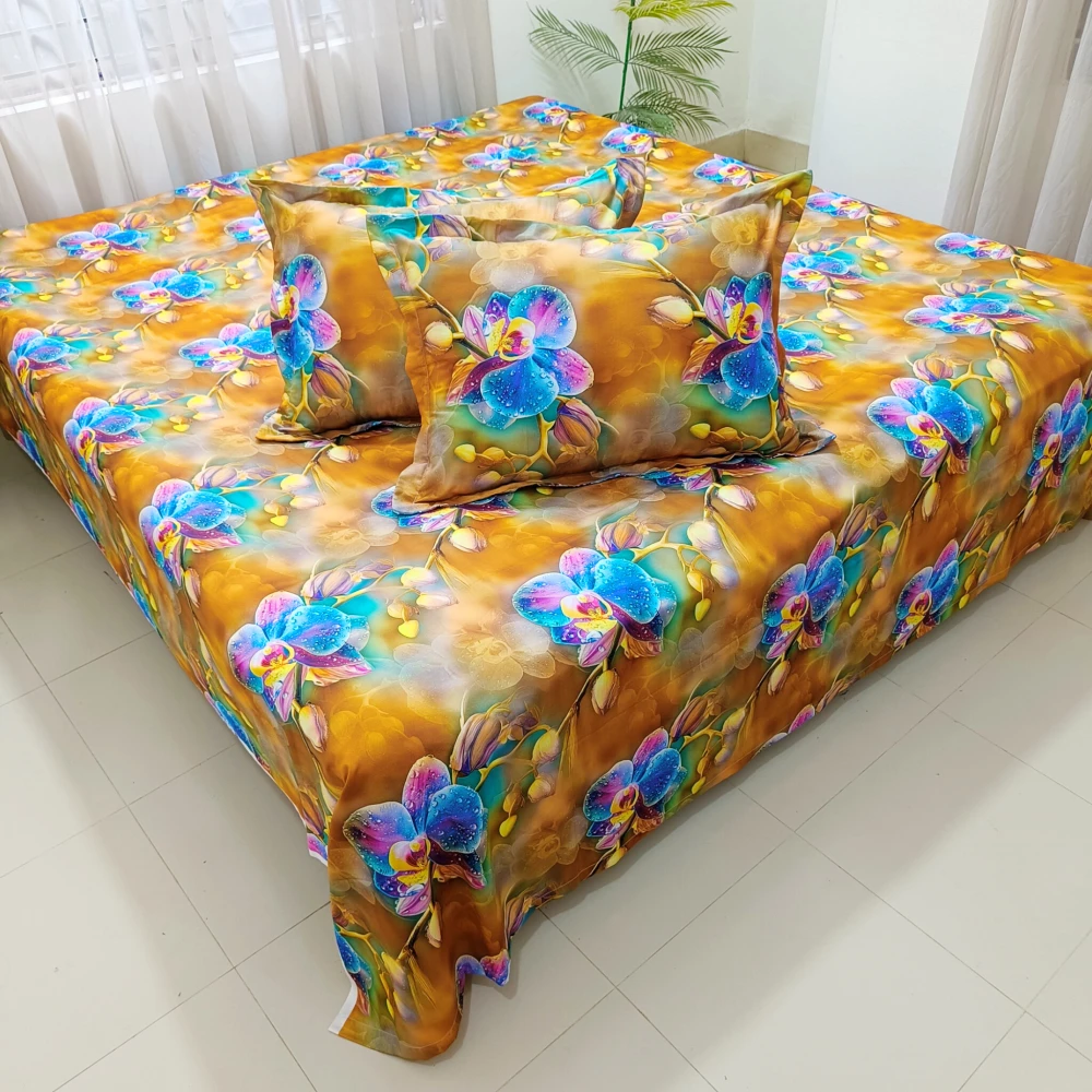 Golden Orchid Dream Digital Printed Super Twill Cotton King Size Bedsheet with 2 Pcs Pillow Covers