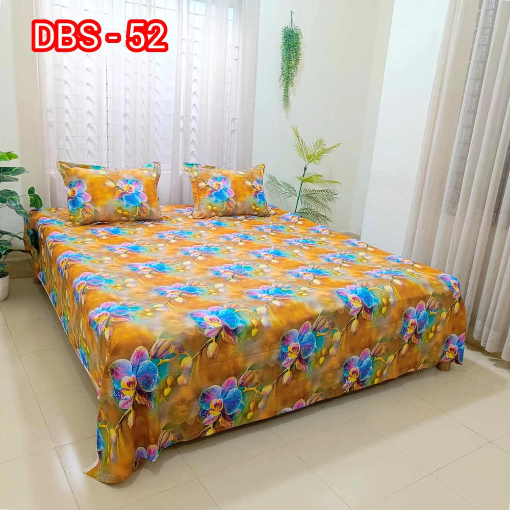 Golden Orchid Dream Digital Printed Super Twill Cotton King Size Bedsheet with 2 Pcs Pillow Covers