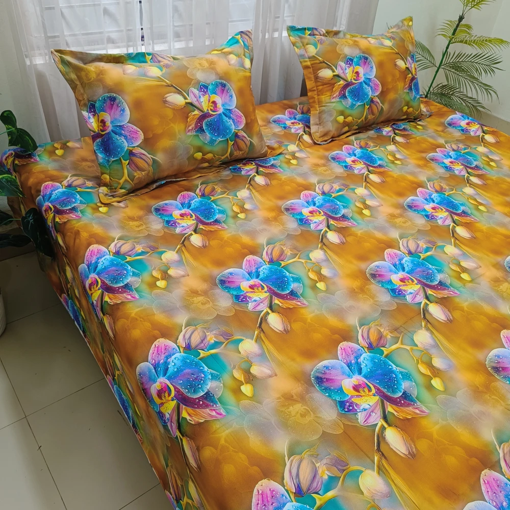 Golden Orchid Dream Digital Printed Super Twill Cotton King Size Bedsheet with 2 Pcs Pillow Covers