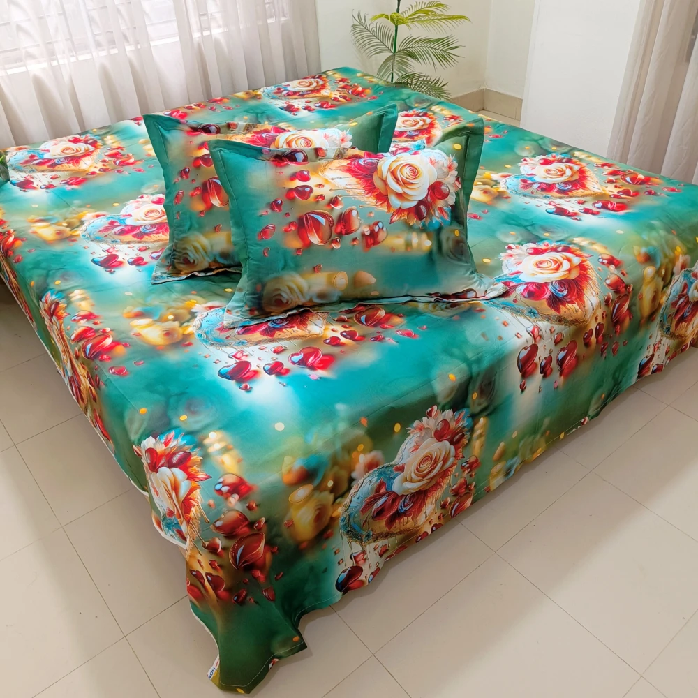 Mythical Green Garden Digital Printed Super Twill Cotton King Size Bedsheet with 2 Pcs Pillow Covers