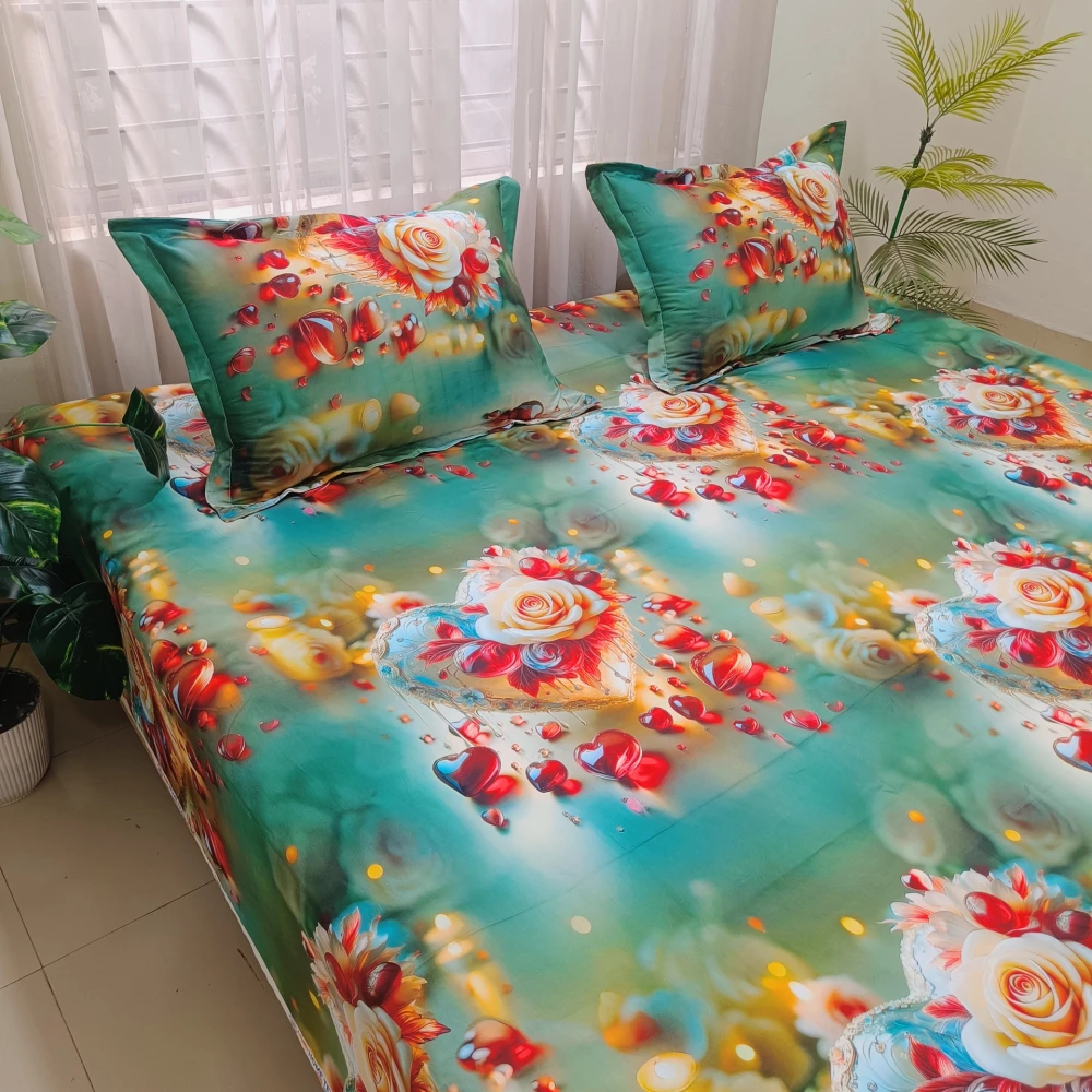 Mythical Green Garden Digital Printed Super Twill Cotton King Size Bedsheet with 2 Pcs Pillow Covers