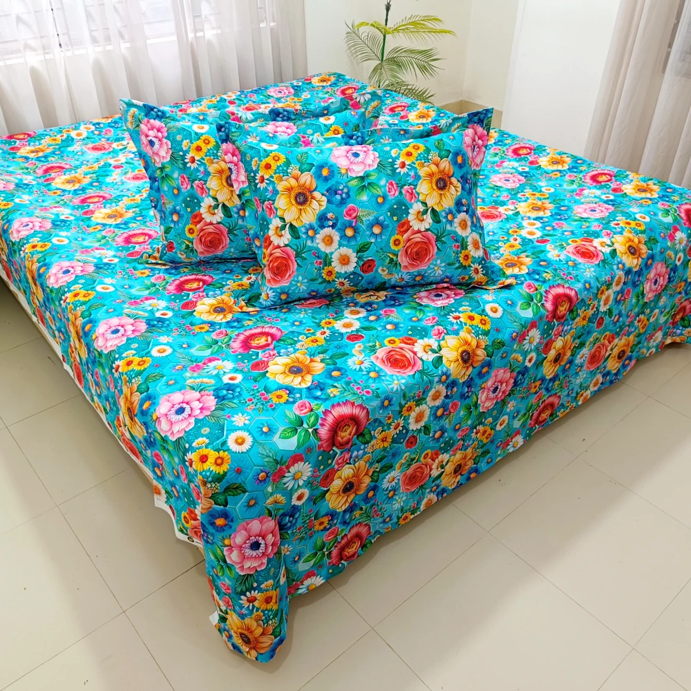 Sky Floral Bloom Digital Printed Super Twill Cotton King Size Bedsheet with 2 Pcs Pillow Covers