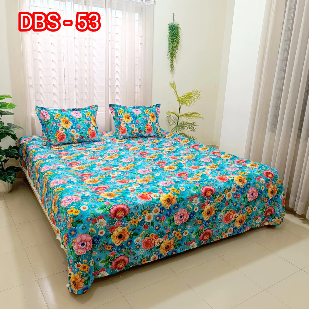 Sky Floral Bloom Digital Printed Super Twill Cotton King Size Bedsheet with 2 Pcs Pillow Covers
