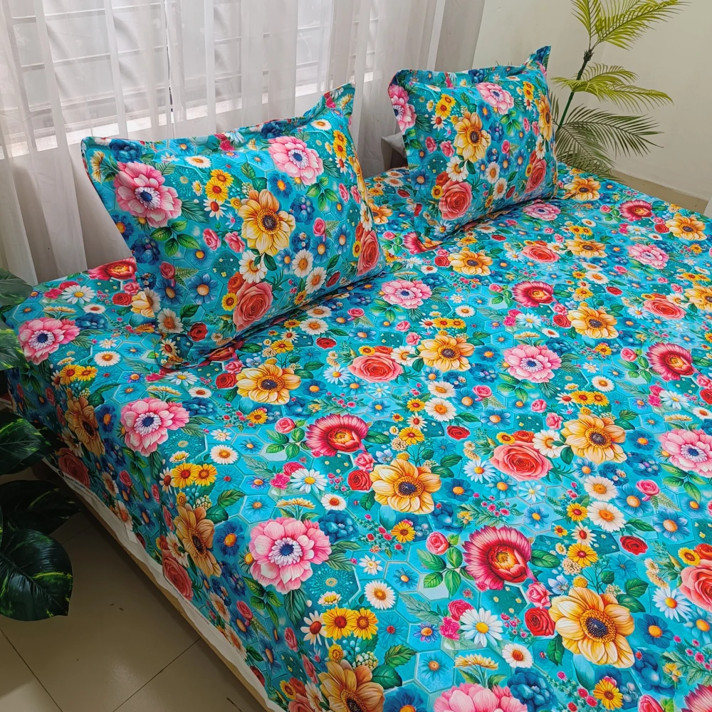 Sky Floral Bloom Digital Printed Super Twill Cotton King Size Bedsheet with 2 Pcs Pillow Covers