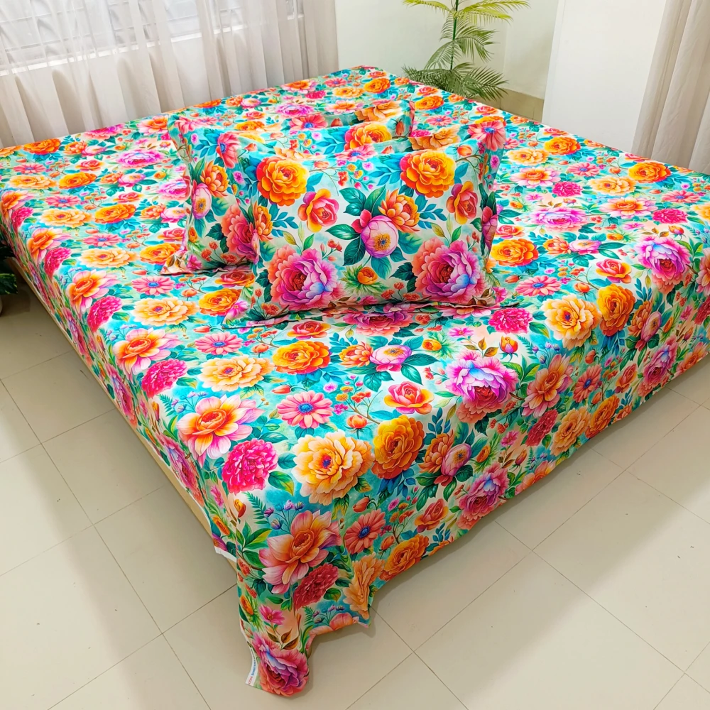 Multi-print Garden Dream Digital Printed Super Twill Cotton King Size Bedsheet with 2 Pcs Pillow Covers