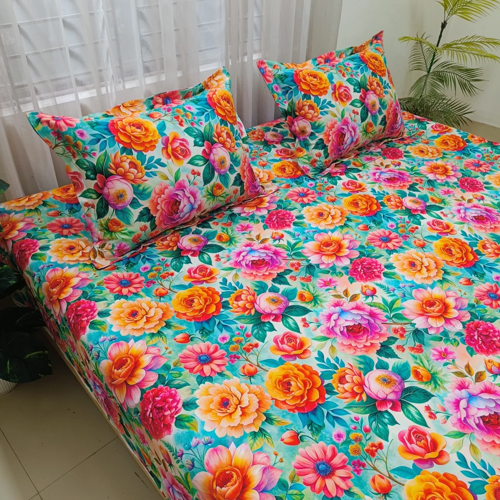 Multi-print Garden Dream Digital Printed Super Twill Cotton King Size Bedsheet with 2 Pcs Pillow Covers