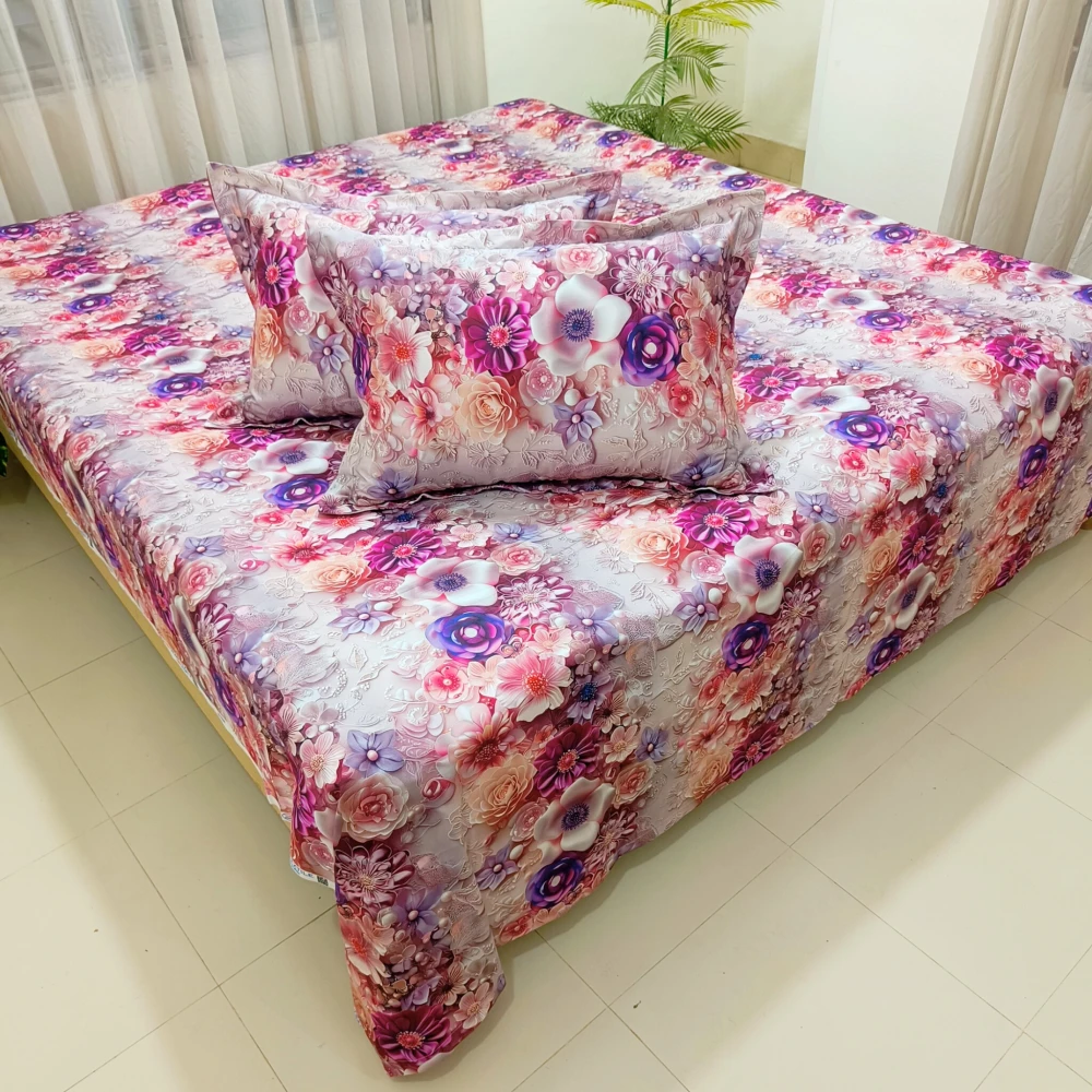Purple Mystic Bloom Digital Printed Super Twill Cotton King Size Bedsheet with 2 Pcs Pillow Covers