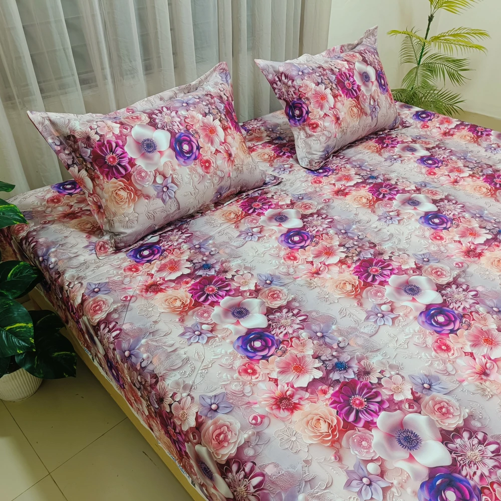 Purple Mystic Bloom Digital Printed Super Twill Cotton King Size Bedsheet with 2 Pcs Pillow Covers