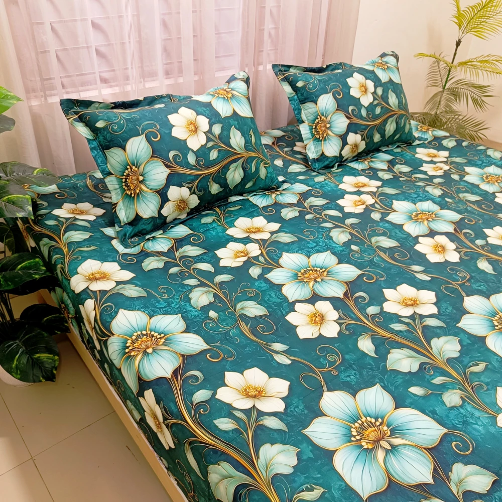 Teal Floral Elegance Digital Printed Super Twill Cotton King Size Bedsheet with 2 Pcs Pillow Covers