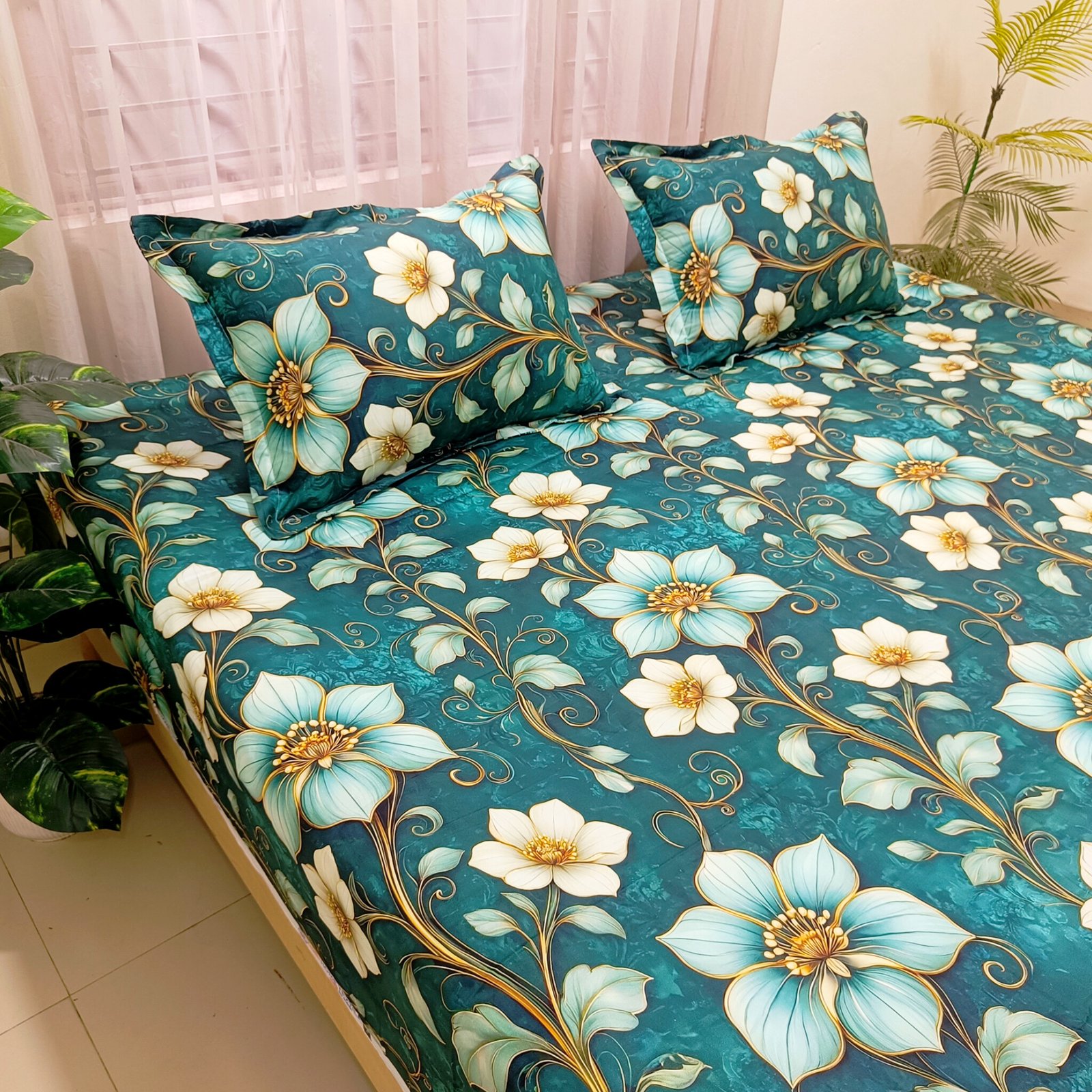 Teal Floral Elegance Digital Printed Super Twill Cotton King Size Bedsheet with 2 Pcs Pillow Covers